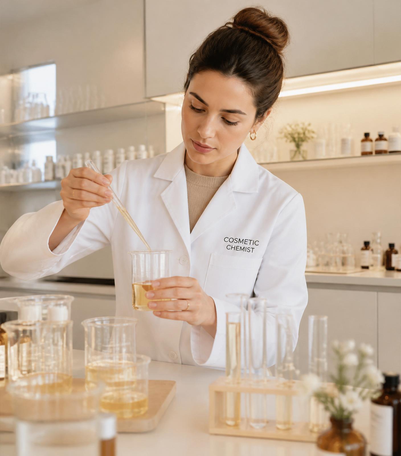 Cosmetic chemist formulating a serum in the Harmony 34 laboratory