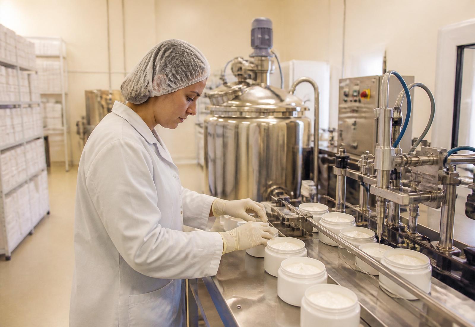 Technician filling cosmetic cream jars on a Harmony 34 production line